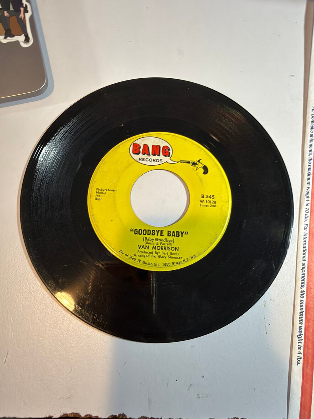 Van Morrison Brown Eyed Girl / Goodbye Baby 7" Single 45rpm Bang Records 1967
